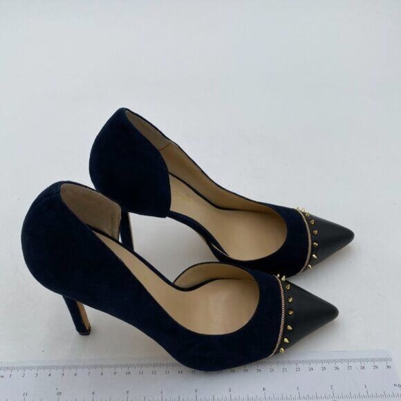 Women Faux Suede Stiletto High Heels Pumps D'Orsay Pointy Toe Rivets Studded - Picture 3 of 7